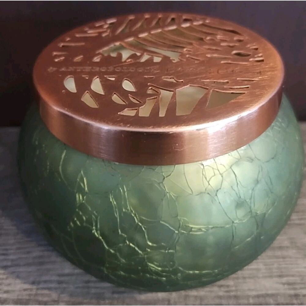 New Anthropologie AURELIE Green Glass Candle Balsam Cedarwood Metal Copper Lid
